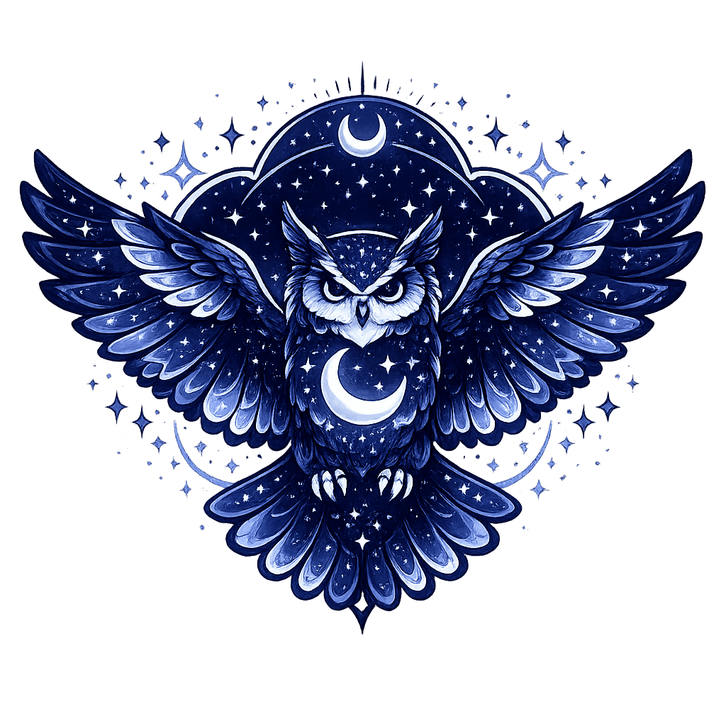 An owl with a crescent moon at its brow, among stars