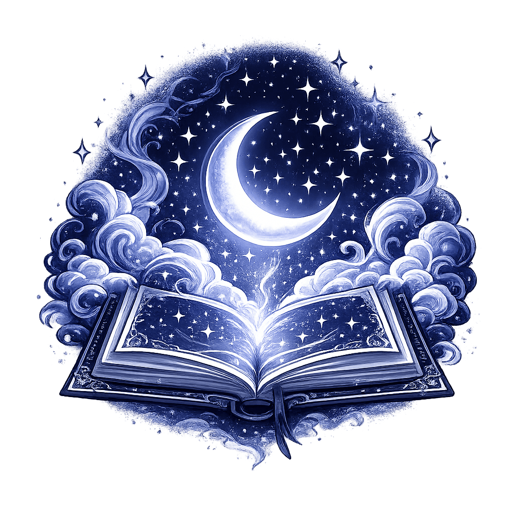 An open book with a starlit night sky rising out of its pages