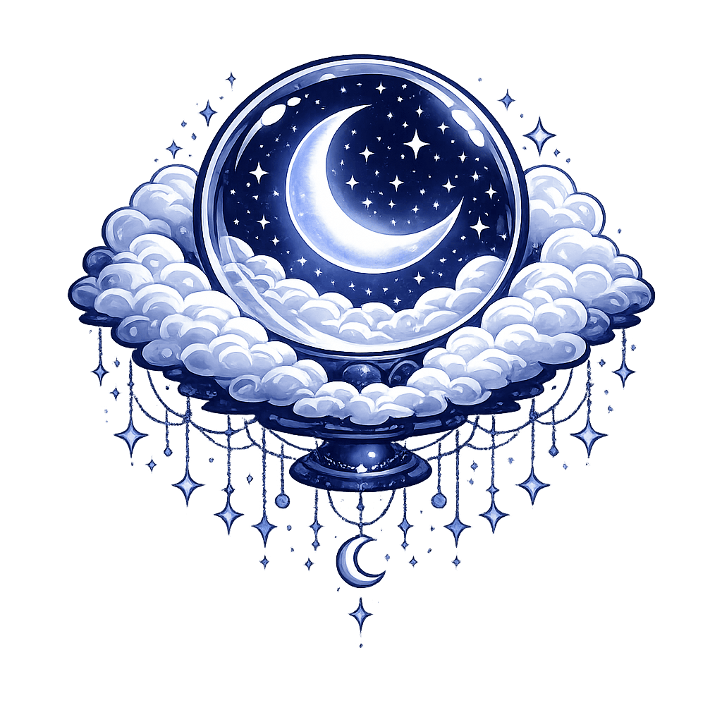 A crescent moon resting in cloud, with stars falling from it