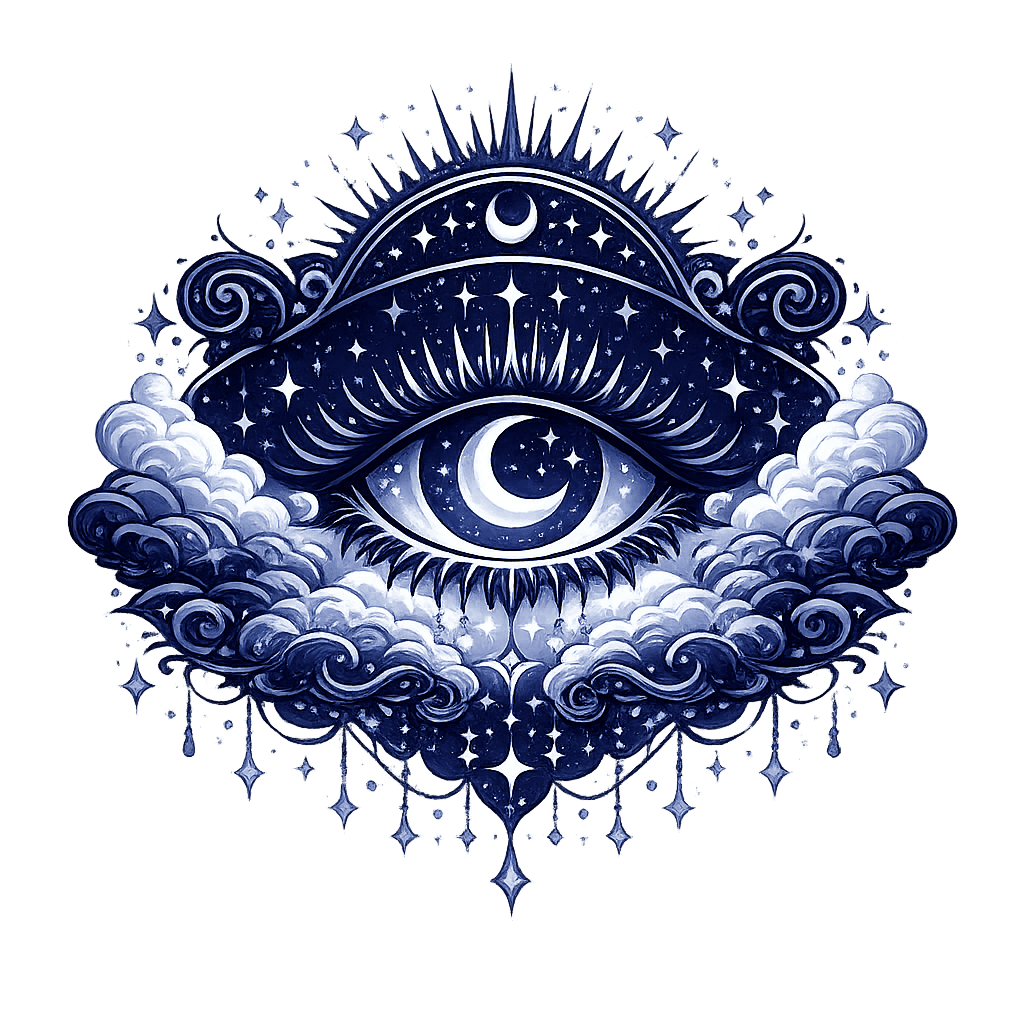 An open eye among clouds and stars