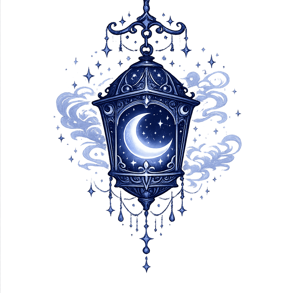 A crescent moon inside an ornate frame, ringed with stars