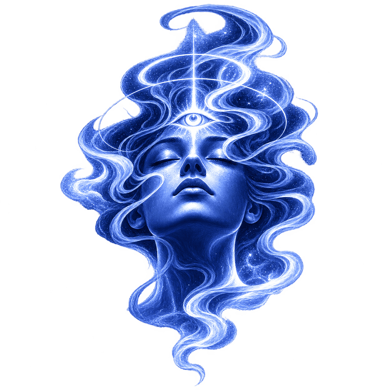 An open eye among clouds and stars