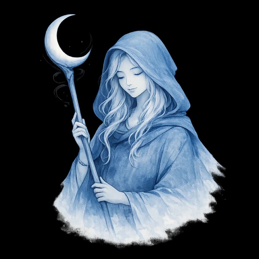 An old robed figure with an outstretched hand in a misty landscape