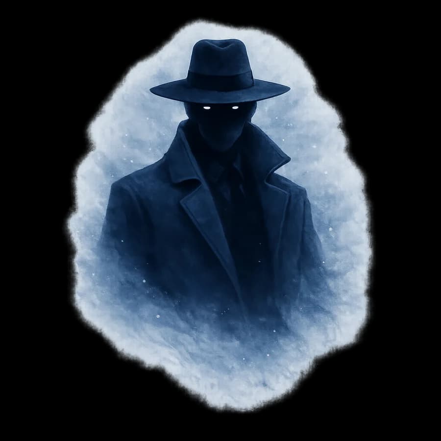 A tall figure in a long coat and a wide-brimmed hat, its face in shadow