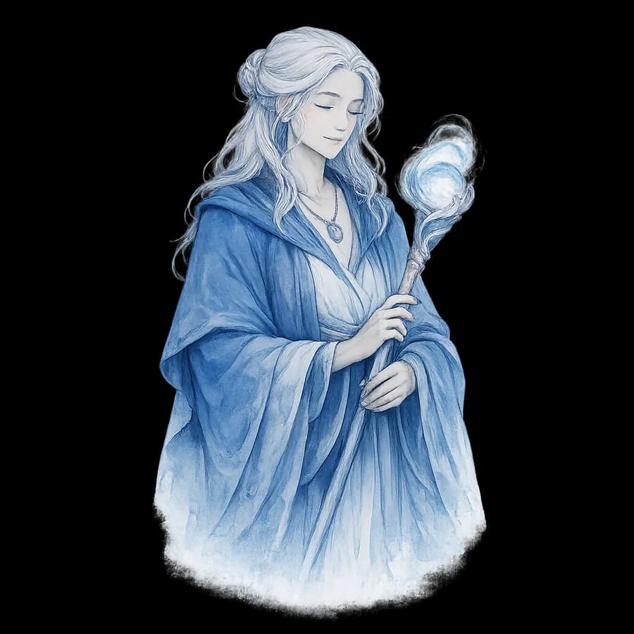 An elderly robed figure holding out a glowing sphere