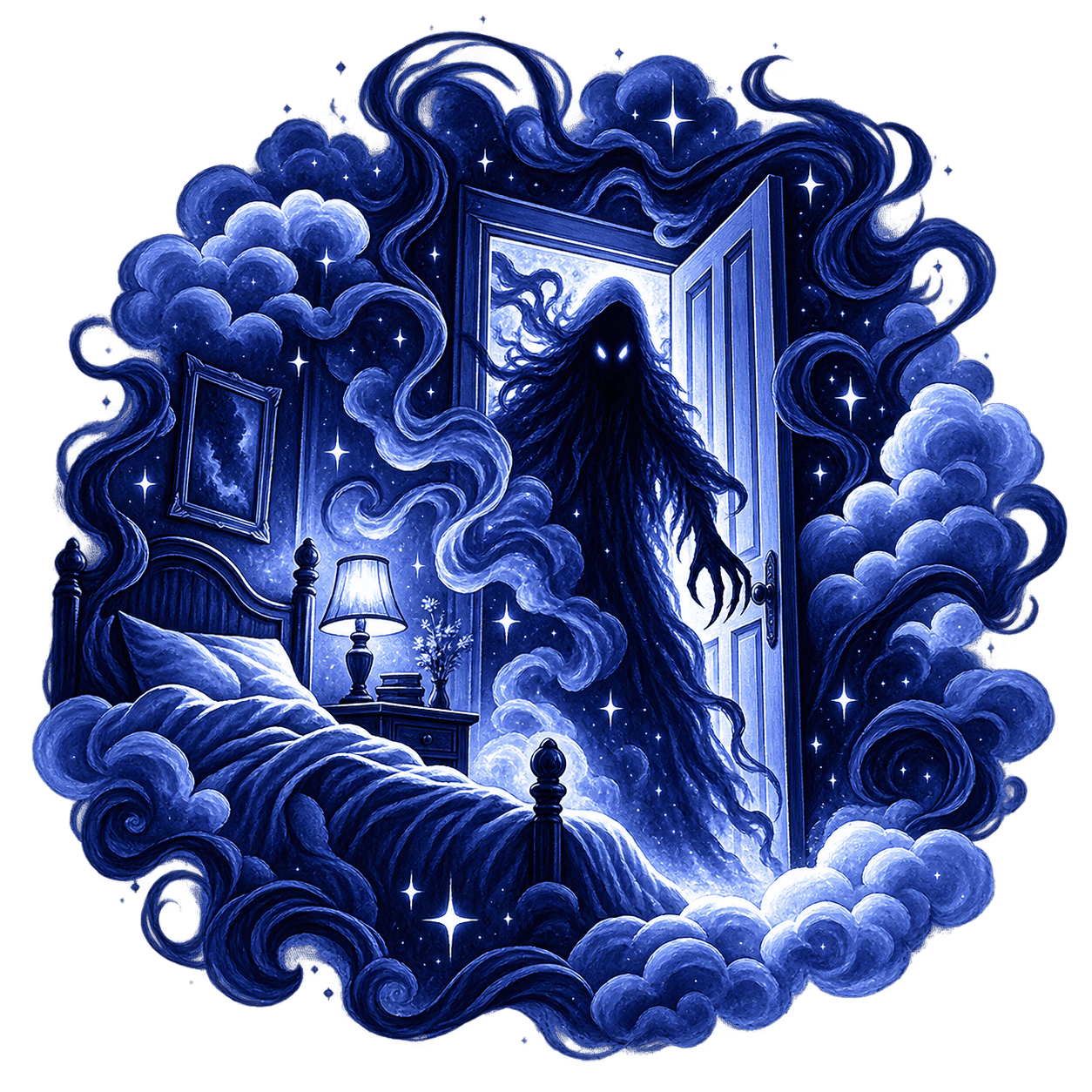 An owl with a crescent moon at its brow, among stars
